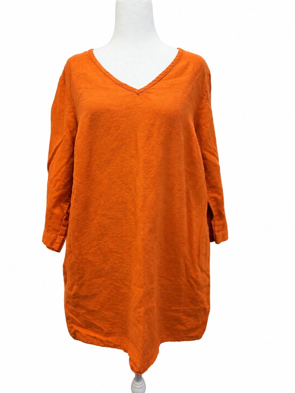 FLAX 100% Linen Orange Tunic Top Medium Lagenlook 3/4 Sleeve Made Lithuania